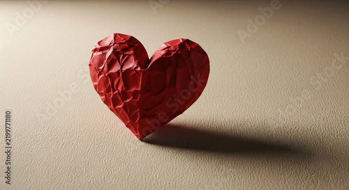 Crumpled Red Paper Heart on Neutral Surface with Shadow Artistic Style