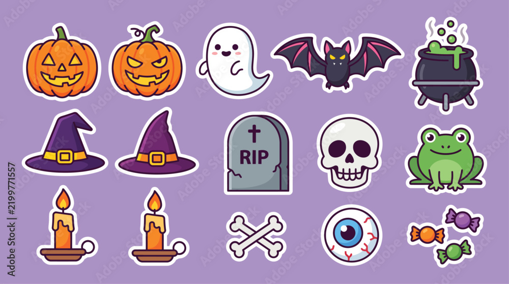 Obraz premium Kawaii Halloween sticker set with 15 vector icons, cute spooky character collection, cartoon pumpkin ghost and bat illustrations for autumn decor