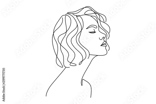 Woman short curly hair side profile continuous line art vector