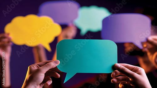 Freedom of Speech Concept. Group of People Protesting or making Campaign with a Blank Speech Bubble. Expression for the Human Rights. International Human Rights Day