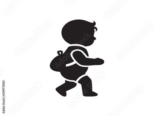Black silhouette icon of a toddler walking with a small backpack isolated