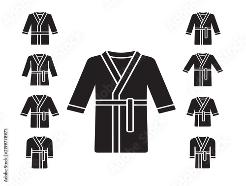 Set of bathrobe icons in flat black silhouette style for spa and hotel
