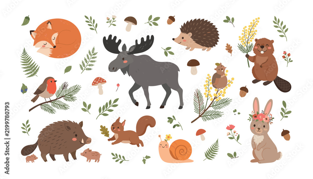 Fototapeta premium Cute woodland animals cartoon vector set with sleeping fox moose hedgehog beaver squirrel wild boar rabbit and forest plants