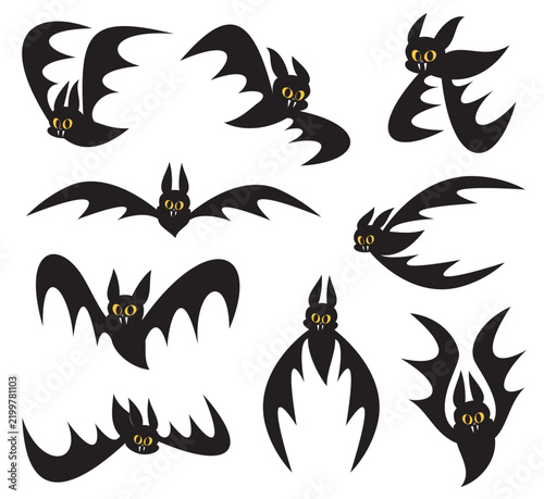 Black Bat Flying Poses Set Halloween Cartoon Character Collection