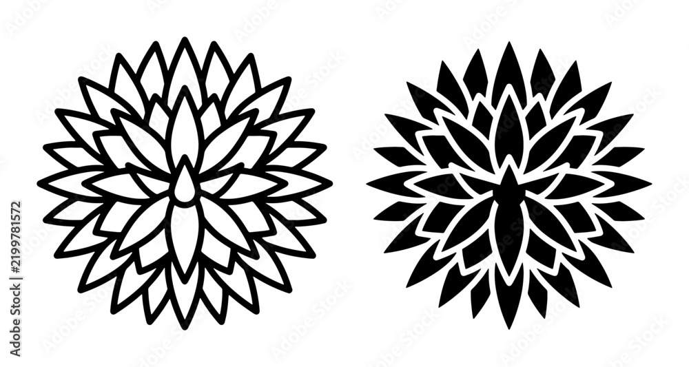 Obraz premium Geometric Floral Vector Icons, Stylized Bloom Silhouettes, Decorative Mandala Elements, Black and White Nature Graphics