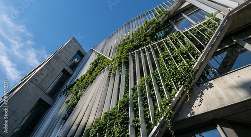Modern architecture facade with vertical metal louvers and lush green ivy