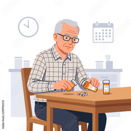 Elderly Man with Prescription Medication Bottles and Pills on Table, Illustrating Healthcare and Aging