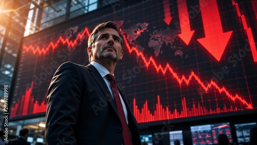 video wall dominated by red bond yield graphs and flashing market alerts, low-angle shot emphasizing screens and towering red downward arrows behind subject, with rich cinematic teal and orange