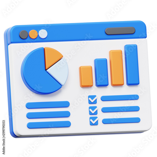 3D Business Analytics Dashboard with Pie Chart, Bar Graph, and Checklist Interface