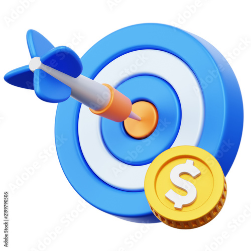 3D Blue Archery Target with Dart and Gold Dollar Coin Representing Business Goals
