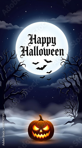 Happy Halloween Greeting Card with Glowing Jack O Lantern Pumpkin Under Full Moon Night Sky