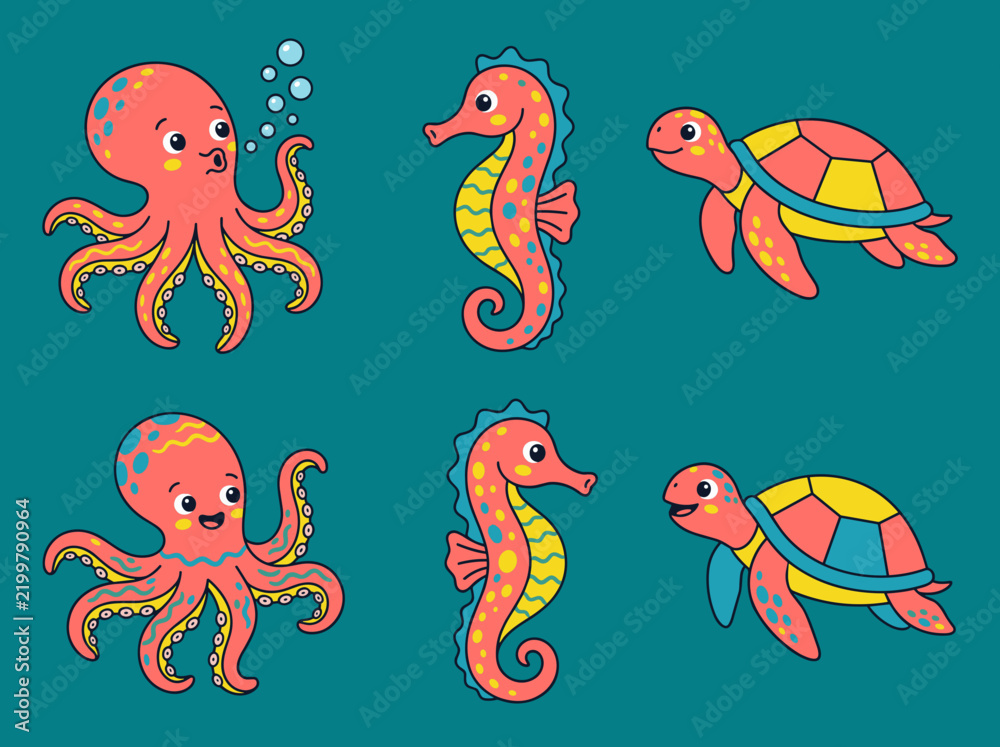 Obraz premium Cute cartoon sea animals collection with friendly octopus seahorse and ocean turtle characters
