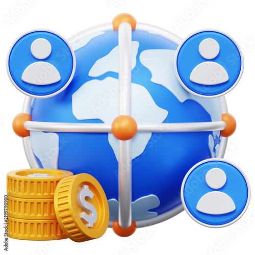 3D Global Business Network Globe with User Profiles and Digital Connectivity Symbols