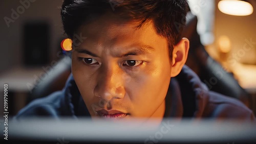 Focused Young Man Concentrating Intensely While Working Late Night on His Computer in a Darkened Home Office Environment