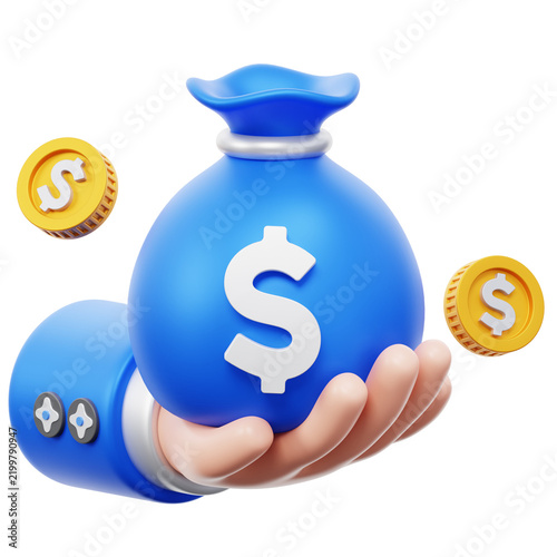 3D Blue Money Bag with Dollar Symbol Held by Hand and Floating Gold Coins