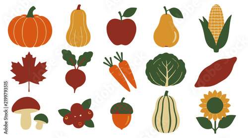 Autumn Harvest Icons Set Including Pumpkin Squash Apple Pear Corn Beet Carrot and Sunflower