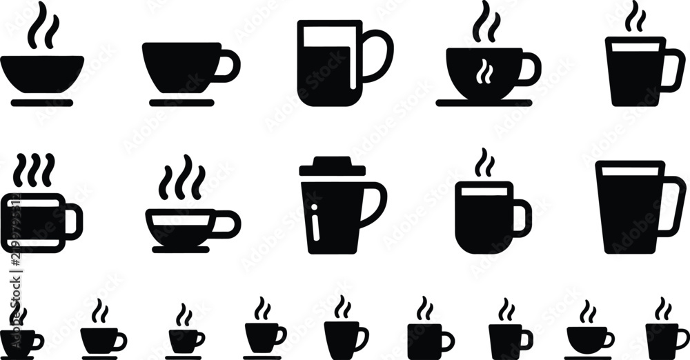 Obraz premium Coffee cup and mug icon collection featuring steaming beverages for cafe menus restaurant branding packaging and digital design