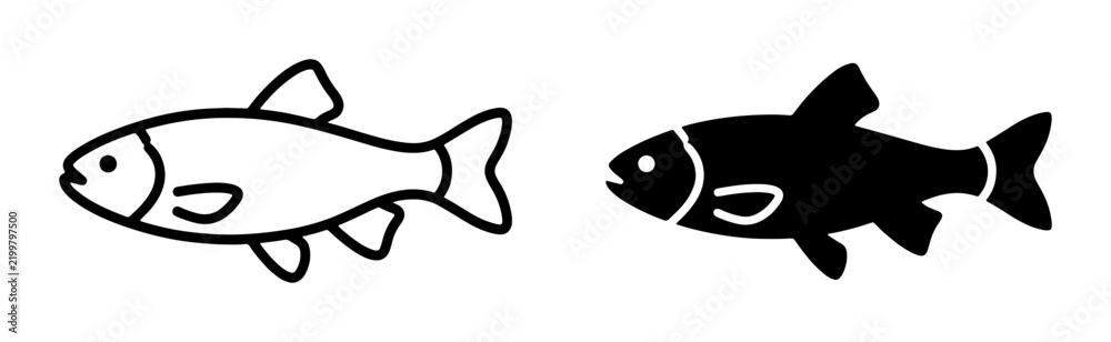 Fototapeta premium Simple Fish Icons, Outline and Silhouette, Vector Graphics for Aquatic Themes, Seafood, and Marine Life Concepts