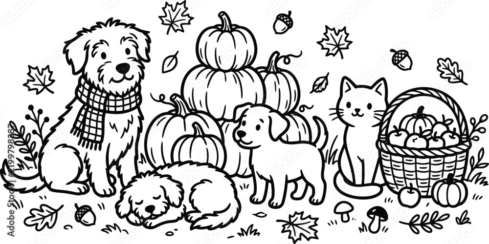 Fototapeta premium Autumn Pets with Pumpkins and Leaves Hand Drawn Illustration