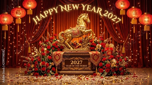 Happy New Year 2027 Year of the Horse display with red roses and lanterns.