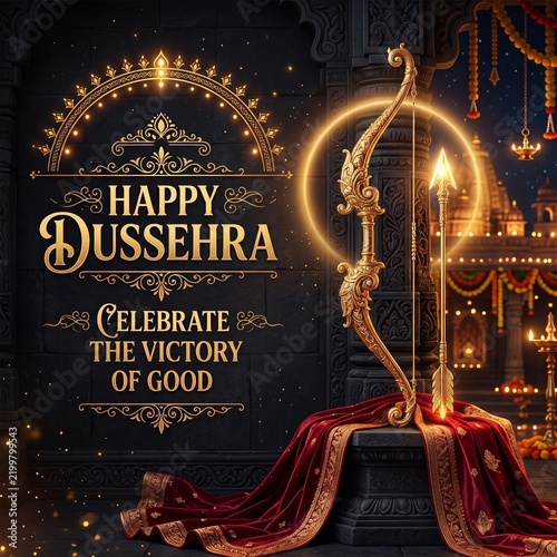 Golden bow and arrow against a dark background for the festival of dussehra with dussehra