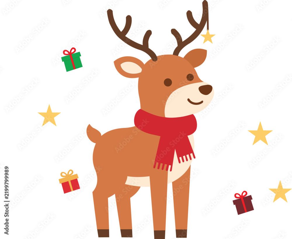 Fototapeta premium Cute Christmas Reindeer Wearing Red Scarf with Holiday Decorations