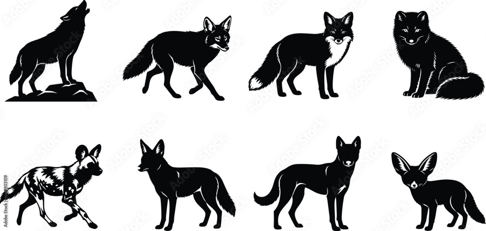 Obraz premium Vector silhouette collection of wolves, foxes, and wild dogs for wildlife illustration and design