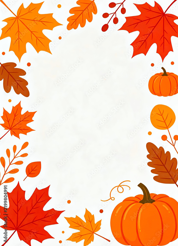 Fototapeta premium Autumn Border with Maple Leaves, Pumpkins and Berries, White Background