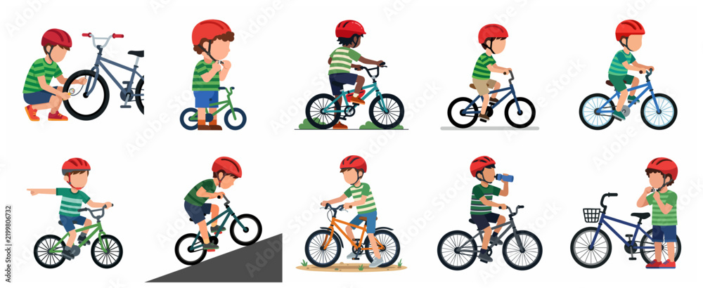 Fototapeta premium Set of vector illustrations of young boys riding bicycles with safety helmets