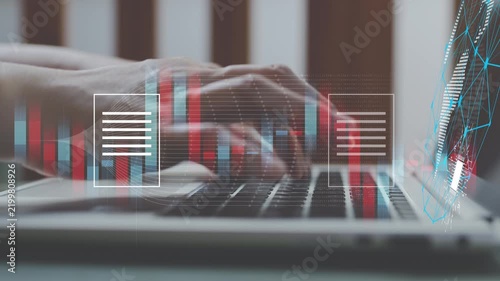 Hands typing on laptop with digital data interface and global network, data processing, business technology, information management, analytics and digital transformation.