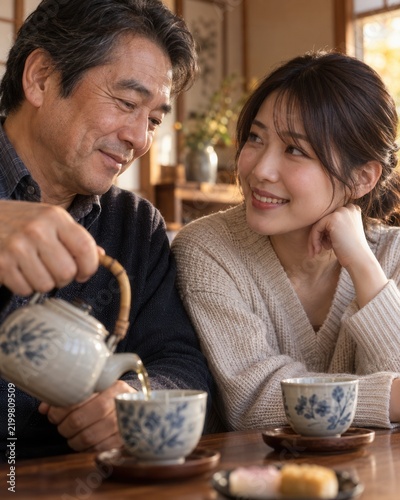 Warm Interaction Between Father and Daughter Over Tea in Cozy Room