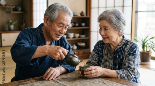 Joyful Elderly Couple Sharing Tea in Traditional Japanese Home