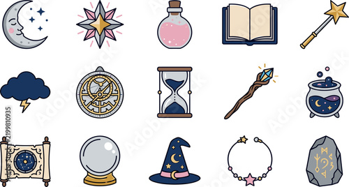 Bild auf Leinwand Witchcraft and Sorcery Magic Icon Set with Witch Hat Cauldron Mystical Rune Ston