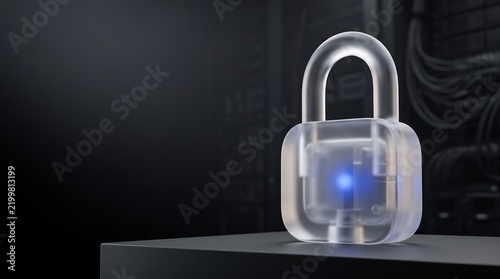 Transparent padlock with glowing blue light symbolizing data security and safety