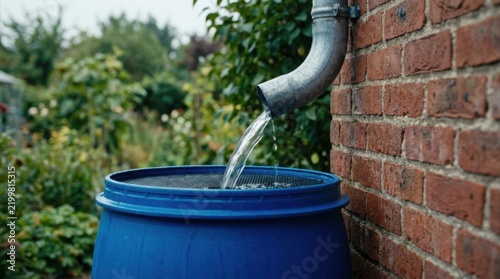 Rainwater harvesting system with blue barrel and metal downpipe