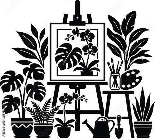 Botanical illustration with plant art supplies