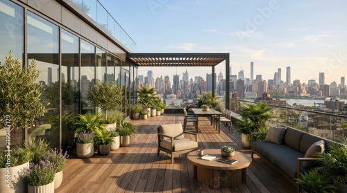 Luxury rooftop terrace with City skyline view at sunset.