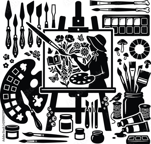 Artist painting with brushes and palette