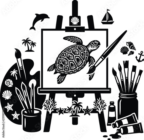Sea turtle painting with art supplies