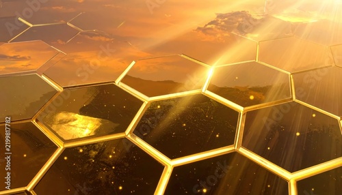 Golden hexagonal honeycomb pattern reflecting sunset sky with light rays