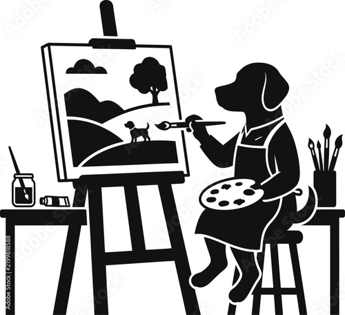 Dog painting landscape on easel