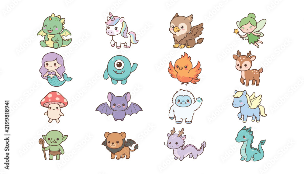 Obraz premium Cute Kawaii Fantasy Creature Vector Icon Set featuring Baby Dragon Unicorn Mermaid Griffin Fairy Phoenix and Yeti Stickers for Kids Graphic Designs