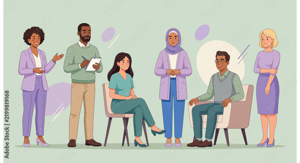 Fototapeta premium Diverse Business Team Illustration, Inclusive Group of Professionals in Modern Office Setting, Teamwork and Corporate Diversity Concept Vector