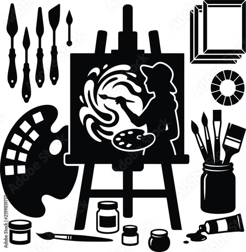 Artist painting abstract artwork on easel