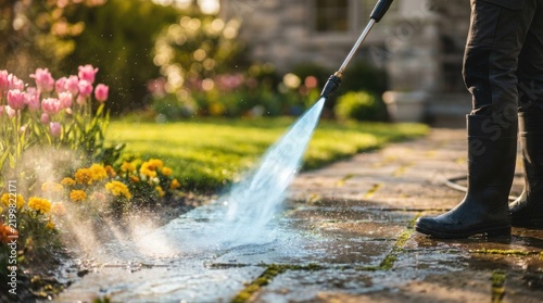 Person using a pressure washer to clean a stone path