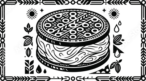 ice cream sandwich vector illustration with decorative folk art border and patterns