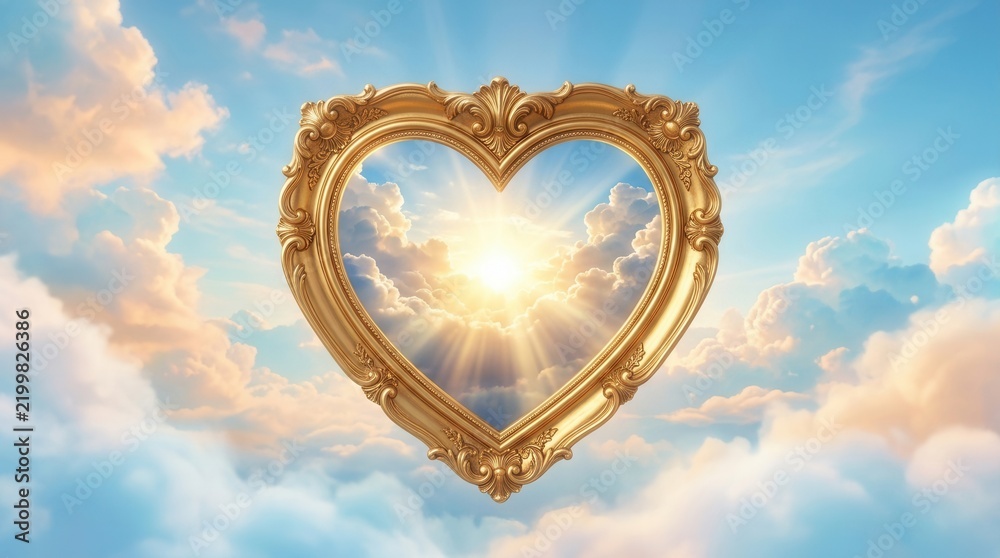 Obraz premium Sunlit clouds glow within a golden heart frame against a serene blue sky.