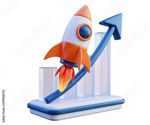 3D rendered cartoon rocket launching over a rising blue financial growth bar chart