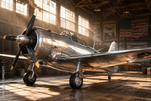 Silver monoplane resting on a wooden deck in an old sunlit hangar.