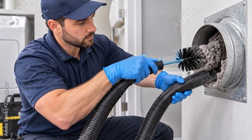 Professional Service Technician Cleaning Clogged Dryer Vent with Brush and Vacuum Hose, Maintenance Service for Home Safety